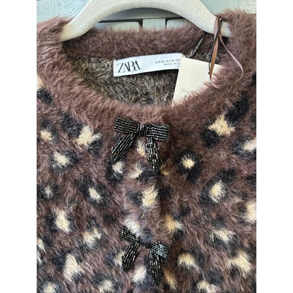 NWT ZARA jacquard leopard holiday bow cardigan, Med $79 D19 - Picture 6 of 12
